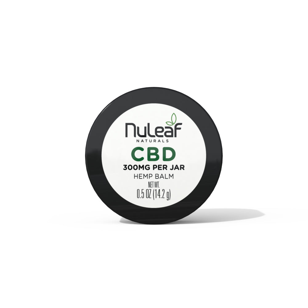 Black jar of NuLeaf Naturals CBD hemp balm with white label showing 300mg CBD content and net weight 0.5 oz.