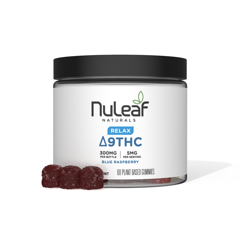 NuLeaf Naturals Relax Delta-9 THC gummies, blue raspberry flavor, 300 mg per bottle and 5 mg per serving, shown in a jar with three gummies displayed in front.