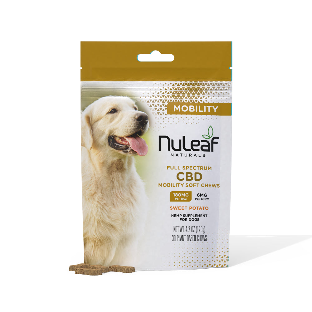 NuLeaf Mobility CBD chews for dogs in a gold and white resealable pouch with a golden retriever and one soft chew shown.