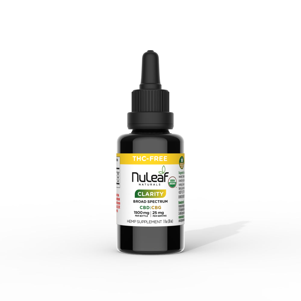 Dark amber glass dropper bottle of Nuleaf Clarity Broad Spectrum CBD Oil, 1500mg, 30mL with white and green label.