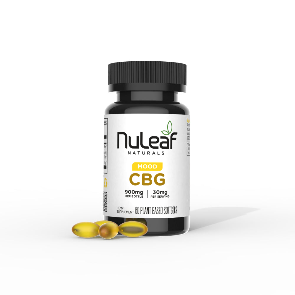 A dark amber bottle with a black lid containing NuLeaf Naturals Mood CBG Hemp Supplement Softgels (900mg per bottle, 30mg per serving, 60 plant-based softgels) with three golden yellow softgel capsules displayed in front, shown against a clean white background.