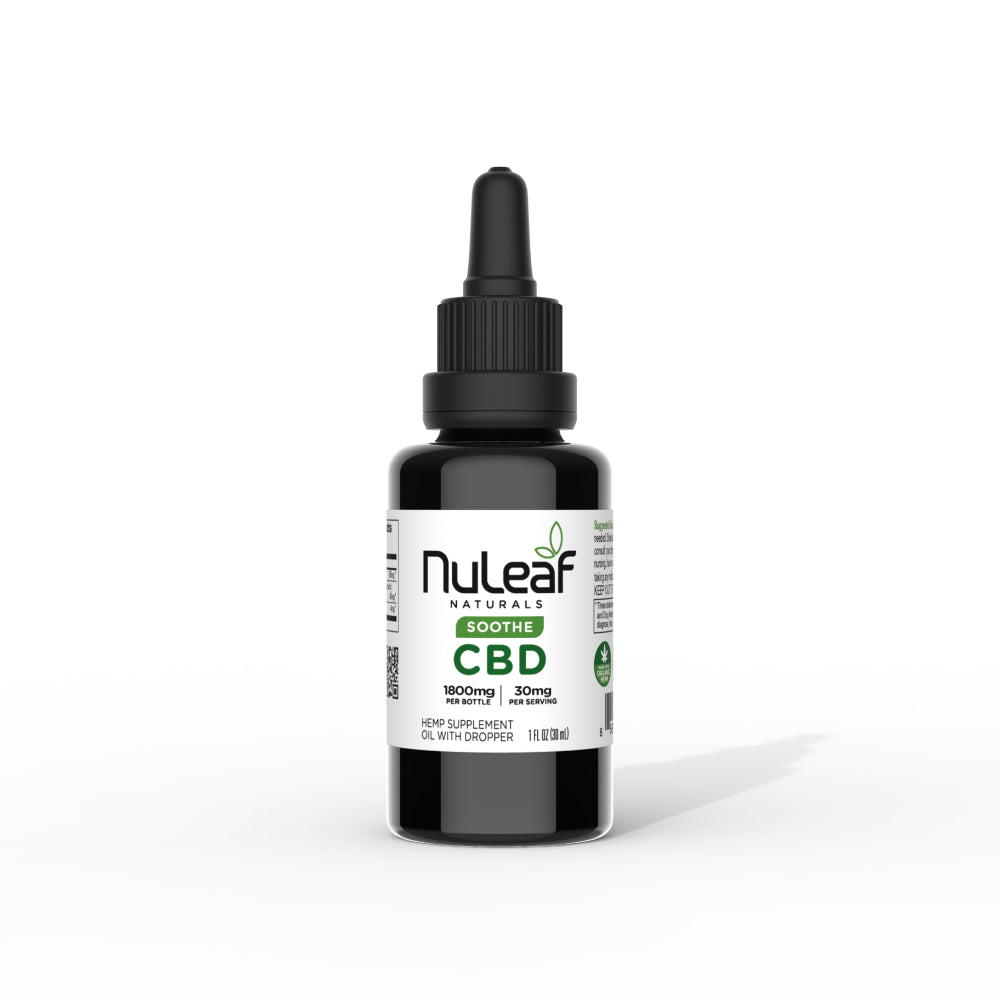 NuLeaf Naturals Soothe CBD oil, 1800 mg per bottle and 30 mg per serving, in a 30 mL black dropper bottle.