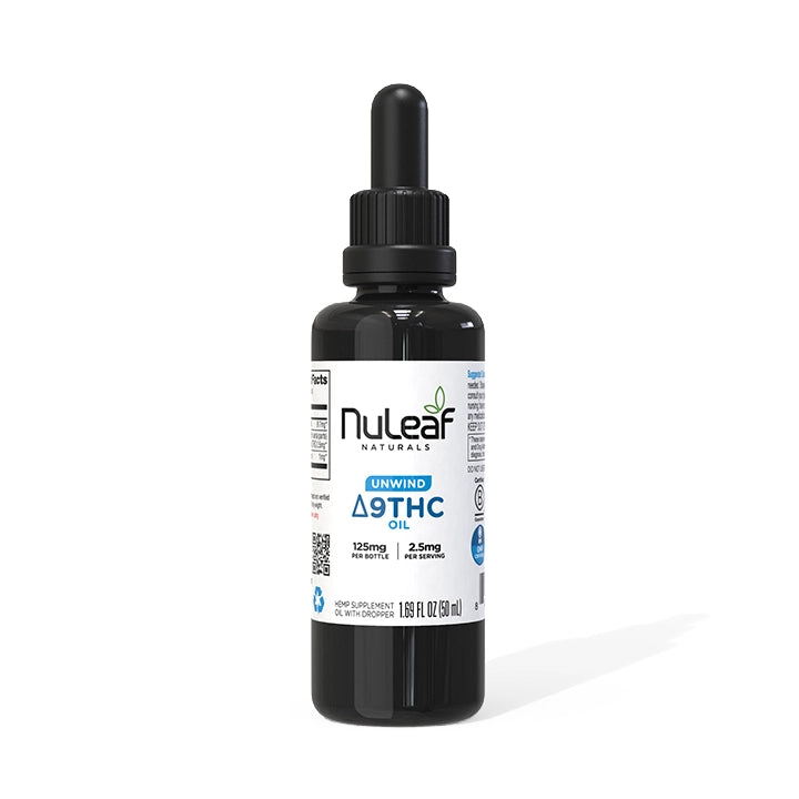 Nuleaf Naturals Delta 9 THC oil bottle on a white background