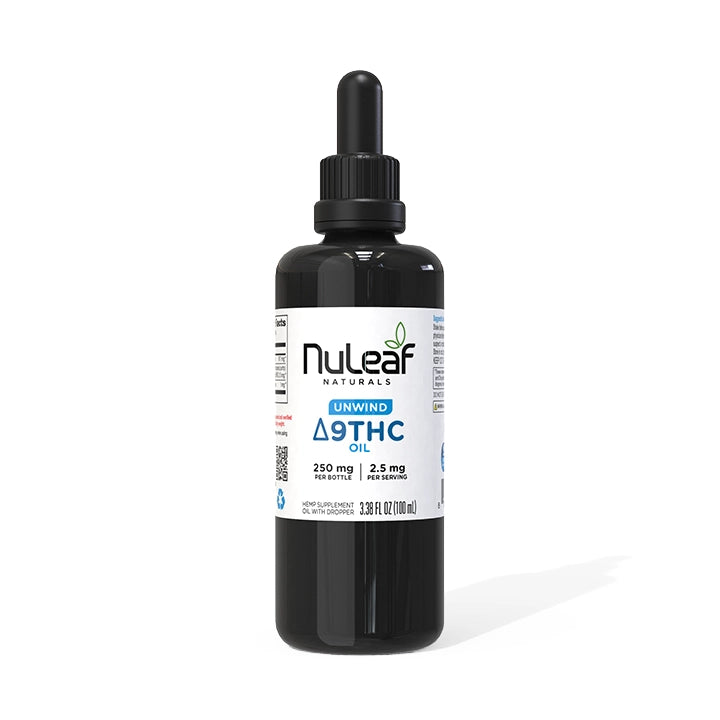 NuLeaf Naturals Unwind Delta-9 THC oil, 250 mg per bottle and 2.5 mg per serving, in a 100 mL dropper bottle.