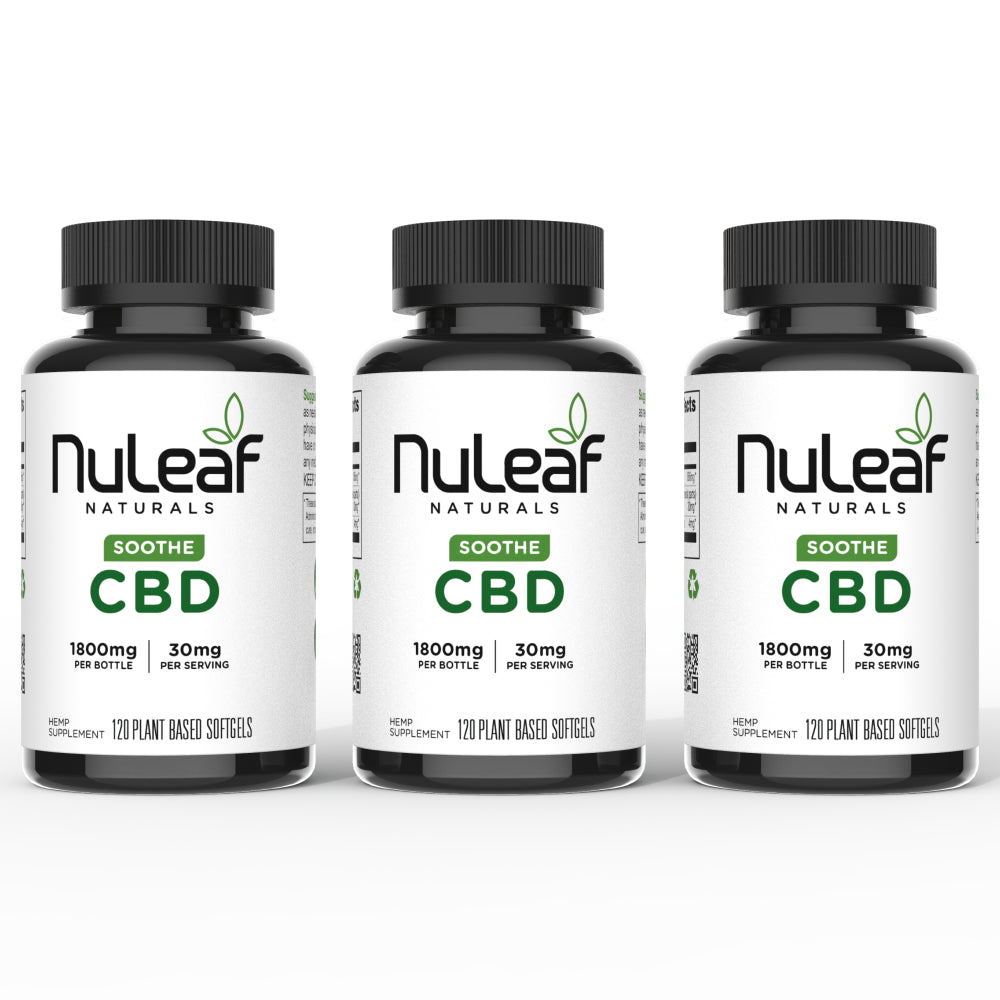 Three dark amber bottles with black lids of NuLeaf Naturals Soothe CBD Hemp Supplement Softgels (1800mg per bottle, 30mg per serving, 120 plant-based softgels each) displayed side by side, shown against a clean white background.